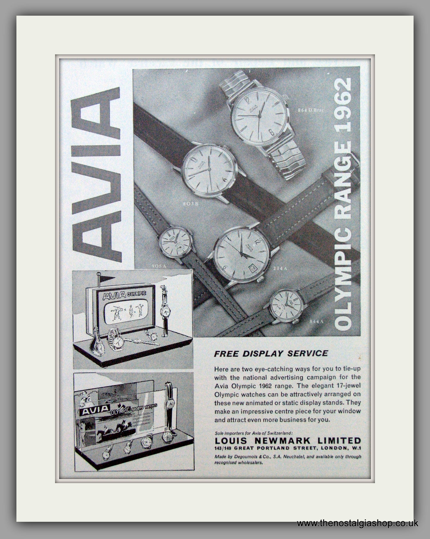 Avia Watches Olympic Range 1962. Original Advert 1962.  (ref AD7301)
