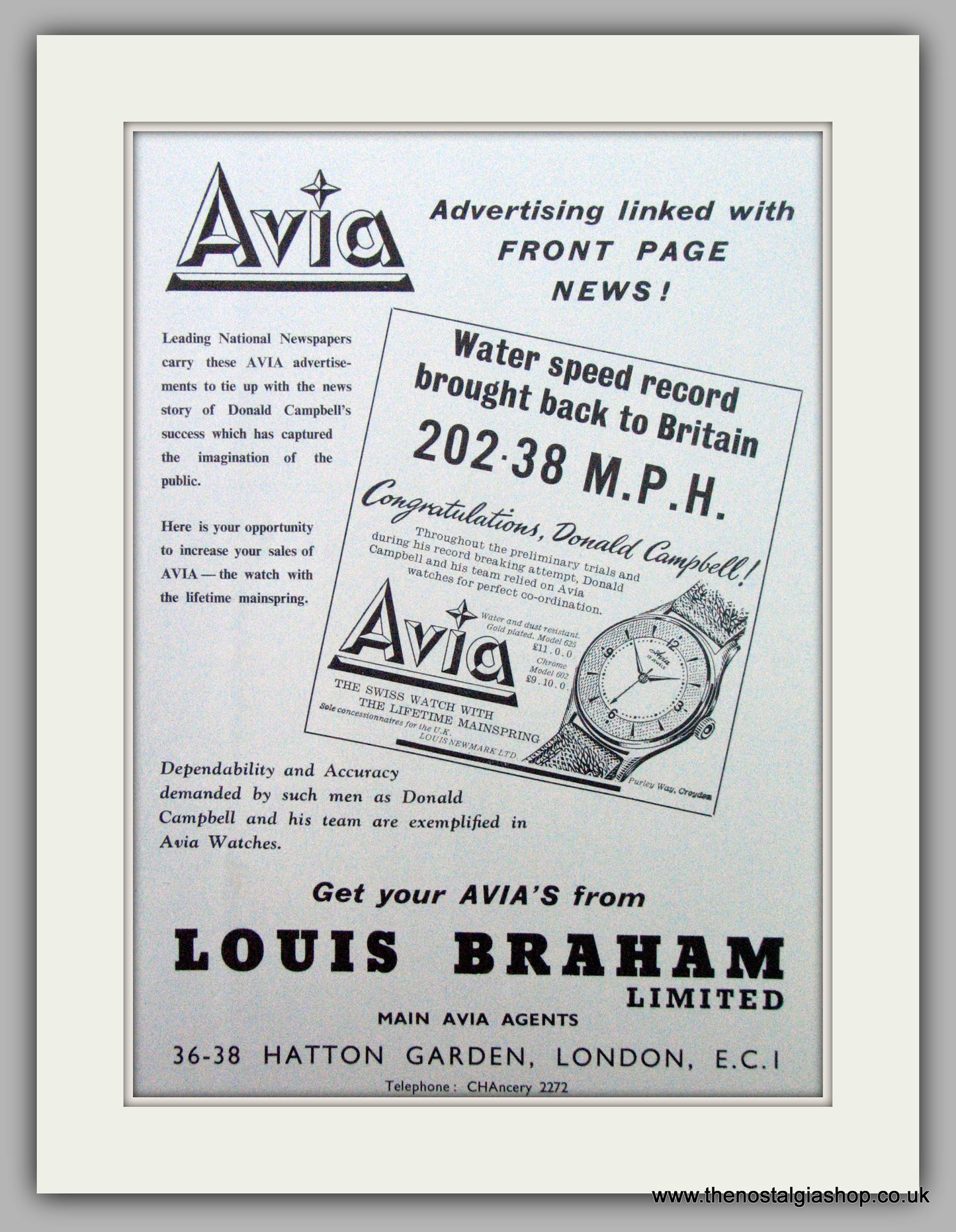 Avia Watches Model 625 as used by Donald Campbell. Original Advert 1955.  (ref AD7305)