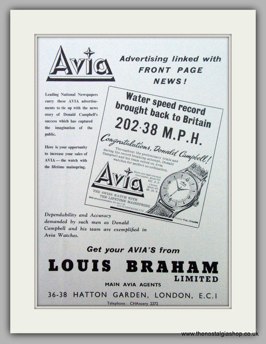 Avia Watches Model 625 as used by Donald Campbell. Original Advert 1955.  (ref AD7305)