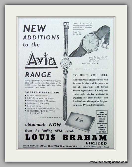 Avia  De Luxe Watches. Original Advert 1955.  (ref AD7306)