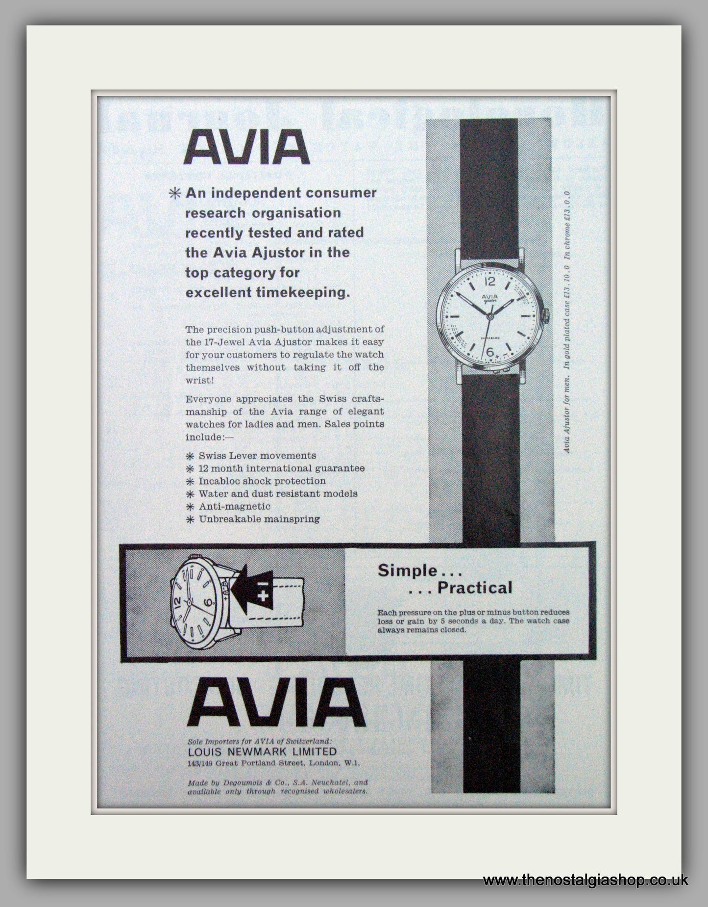 Avia  Ajustor Watches. Original Advert 1962.  (ref AD7307)