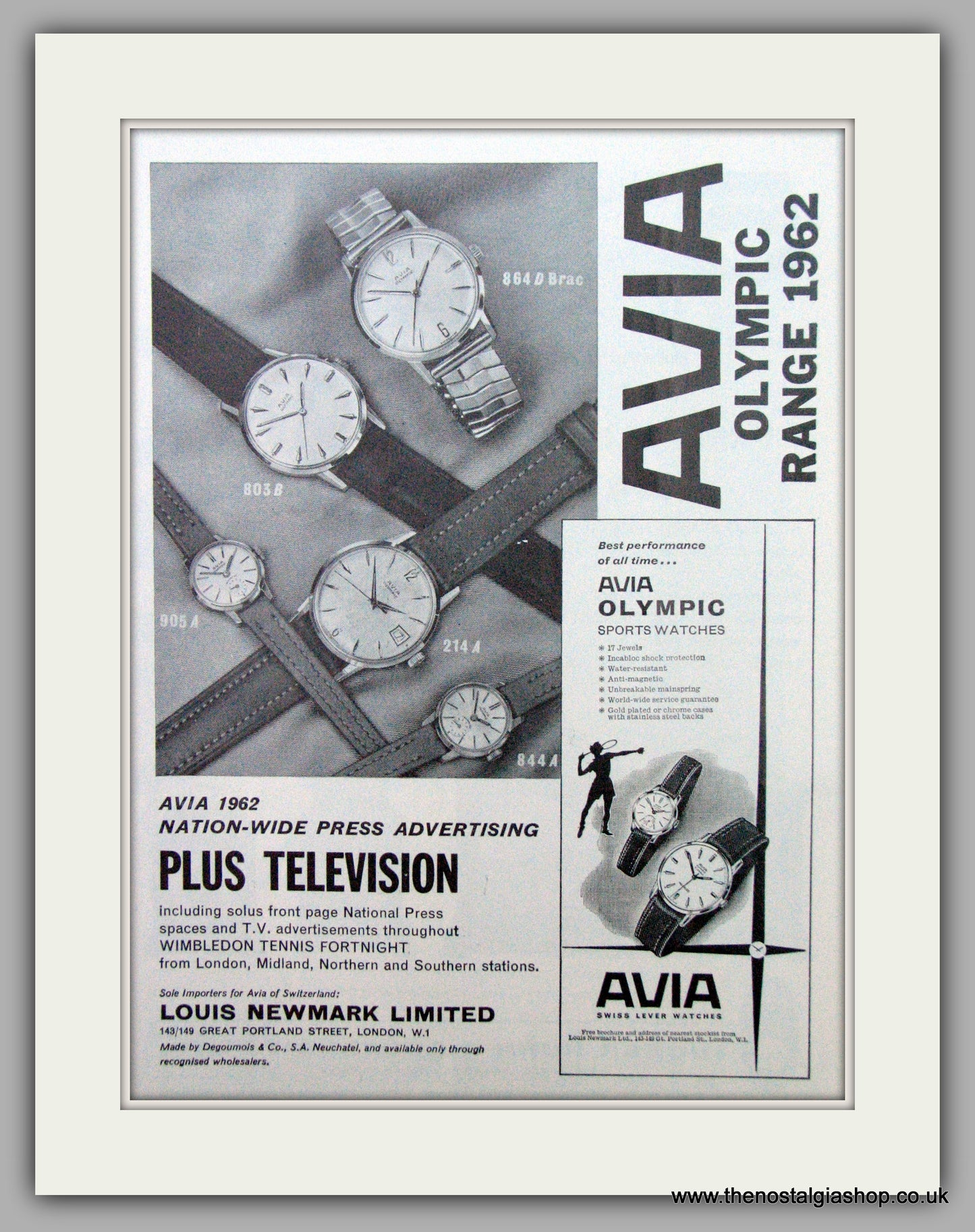 Avia Watches Olympic Range 1962. Original Advert 1962.  (ref AD7311)