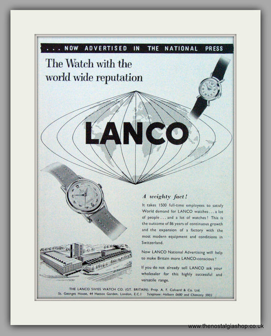 Lanco Swiss  Watch. Original Advert 1959.  (ref AD7327)