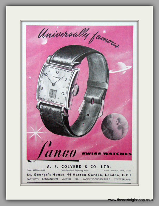 Lanco Swiss Watches. Original Advert 1952.  (ref AD7335)