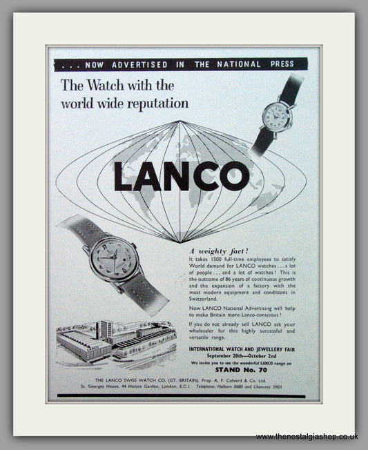 Lanco Watches. Reputation. Original Advert 1959.  (ref AD7342)