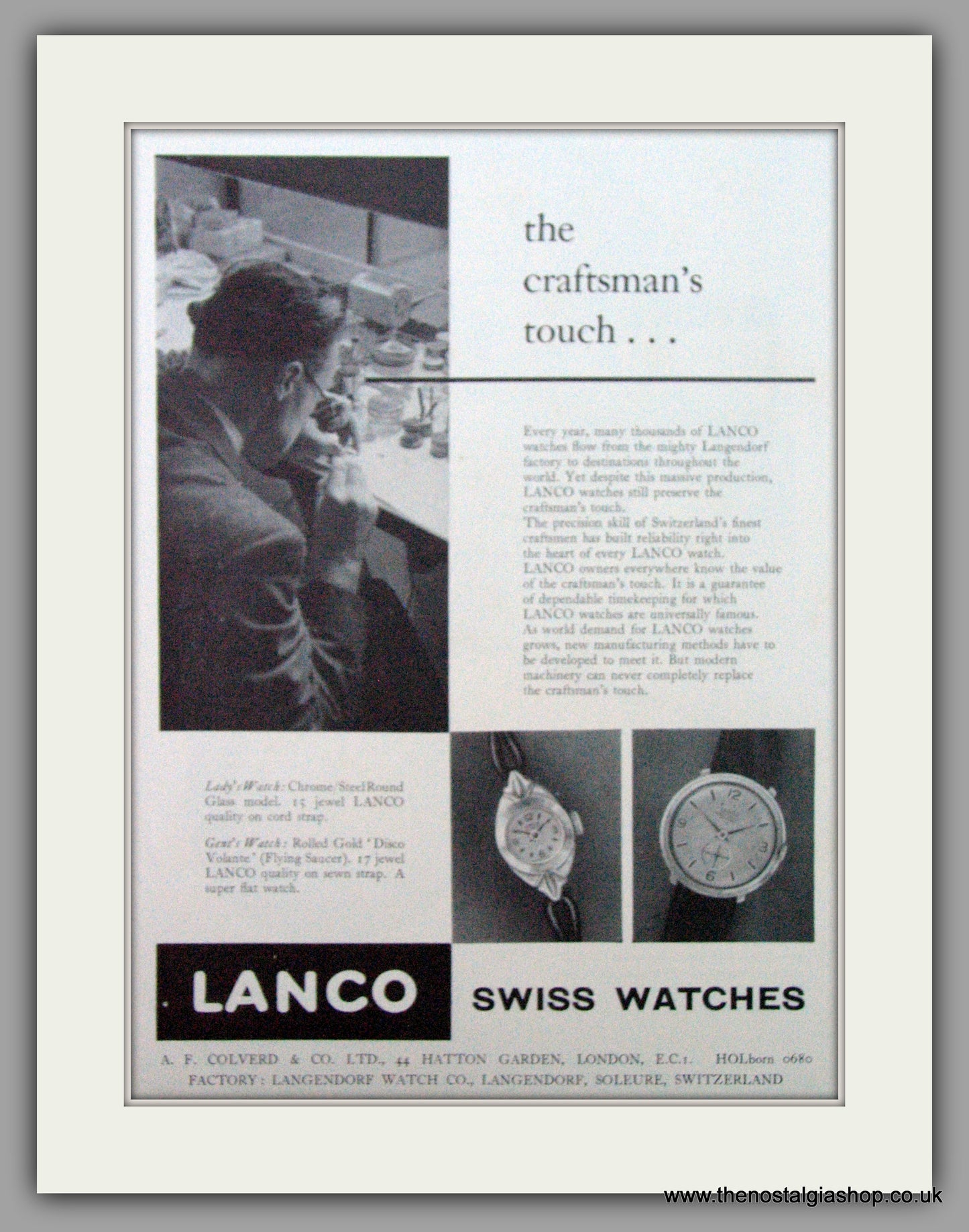 Lanco Watches. The Craftsman's Touch. Original Advert 1956.  (ref AD7343)