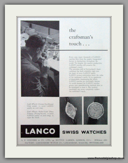 Lanco Watches. The Craftsman's Touch. Original Advert 1956.  (ref AD7343)