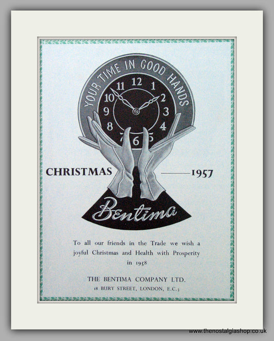 Bentima Watches. Christmas Original Advert 1957.  (ref AD7378)