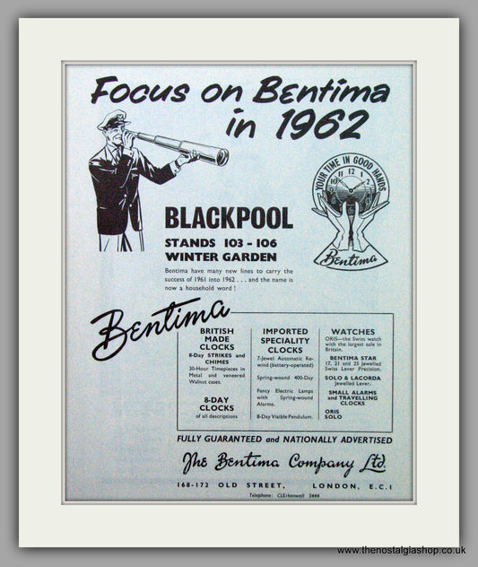 Bentima Watches. Original Advert 1962.  (ref AD7379)
