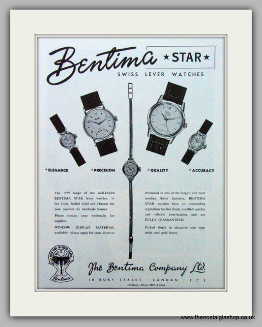 Bentima Watches. Original Advert 1959.  (ref AD7380)