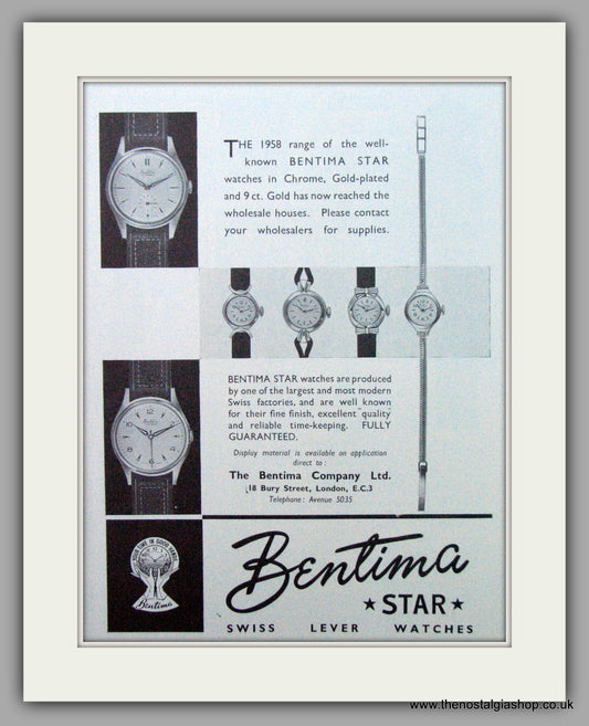 Bentima Watches. Original Advert 1958.  (ref AD7385)