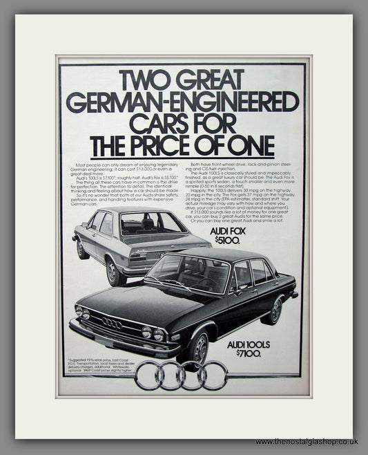 Audi Fox and 100LS. Original American Advert 1976 (ref AD54594)