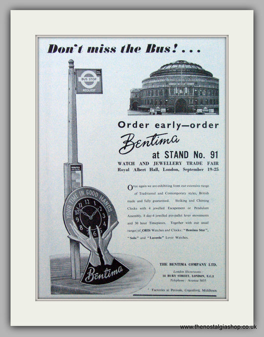 Bentima Watches. Original Advert 1957.  (ref AD7382)