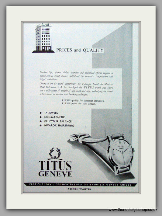 Titus Geneve Watches. Original Advert 1953.  (ref AD7387)