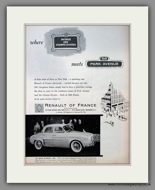 Renault Dauphine at 56 Park Avenue. Original American Advert 1957 (ref AD54603)