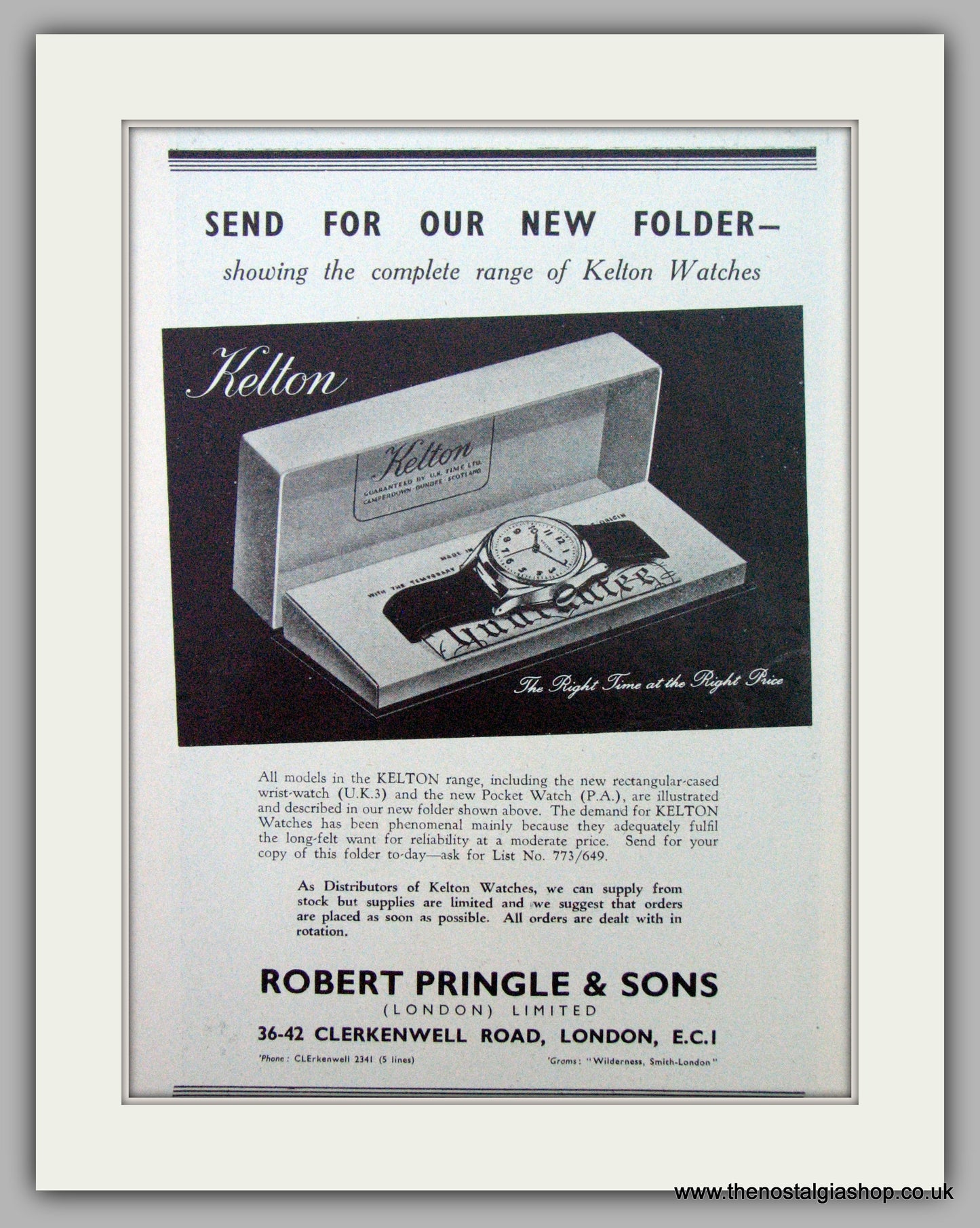 Kelton Watches. Original Advert 1949.  (ref AD7421)