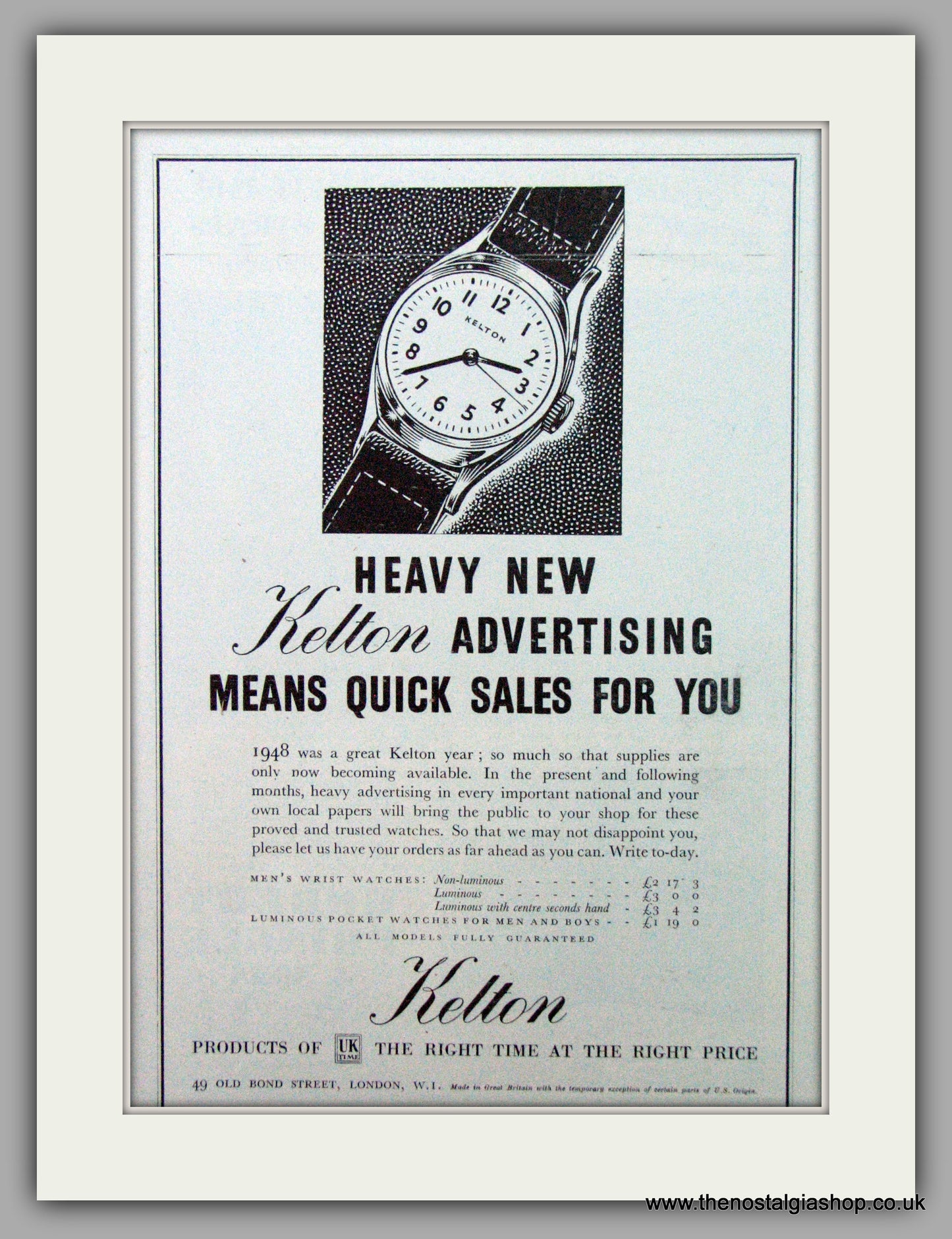 Kelton Watches. Original Advert 1949.  (ref AD7422)