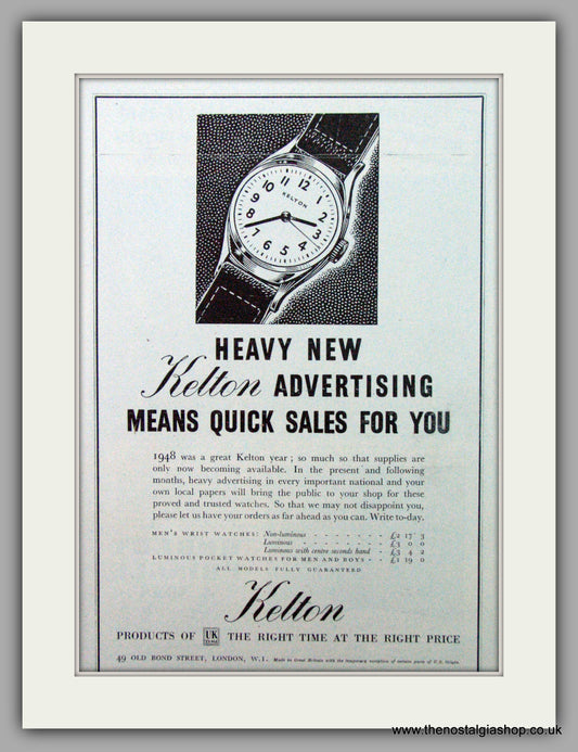Kelton Watches. Original Advert 1949.  (ref AD7422)