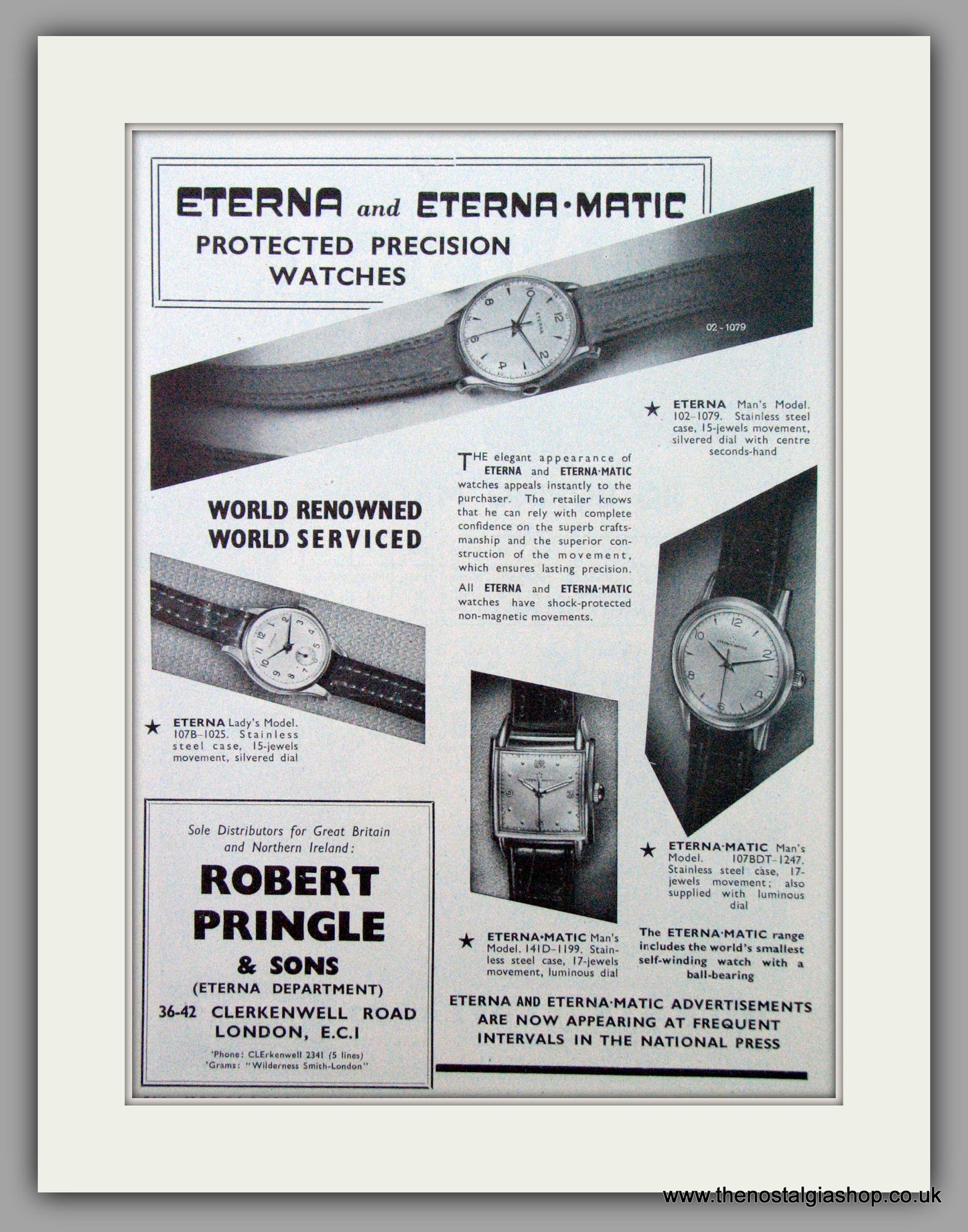 Eterna And Eterna-Matic Watches. Original Advert 1953.  (ref AD7425)
