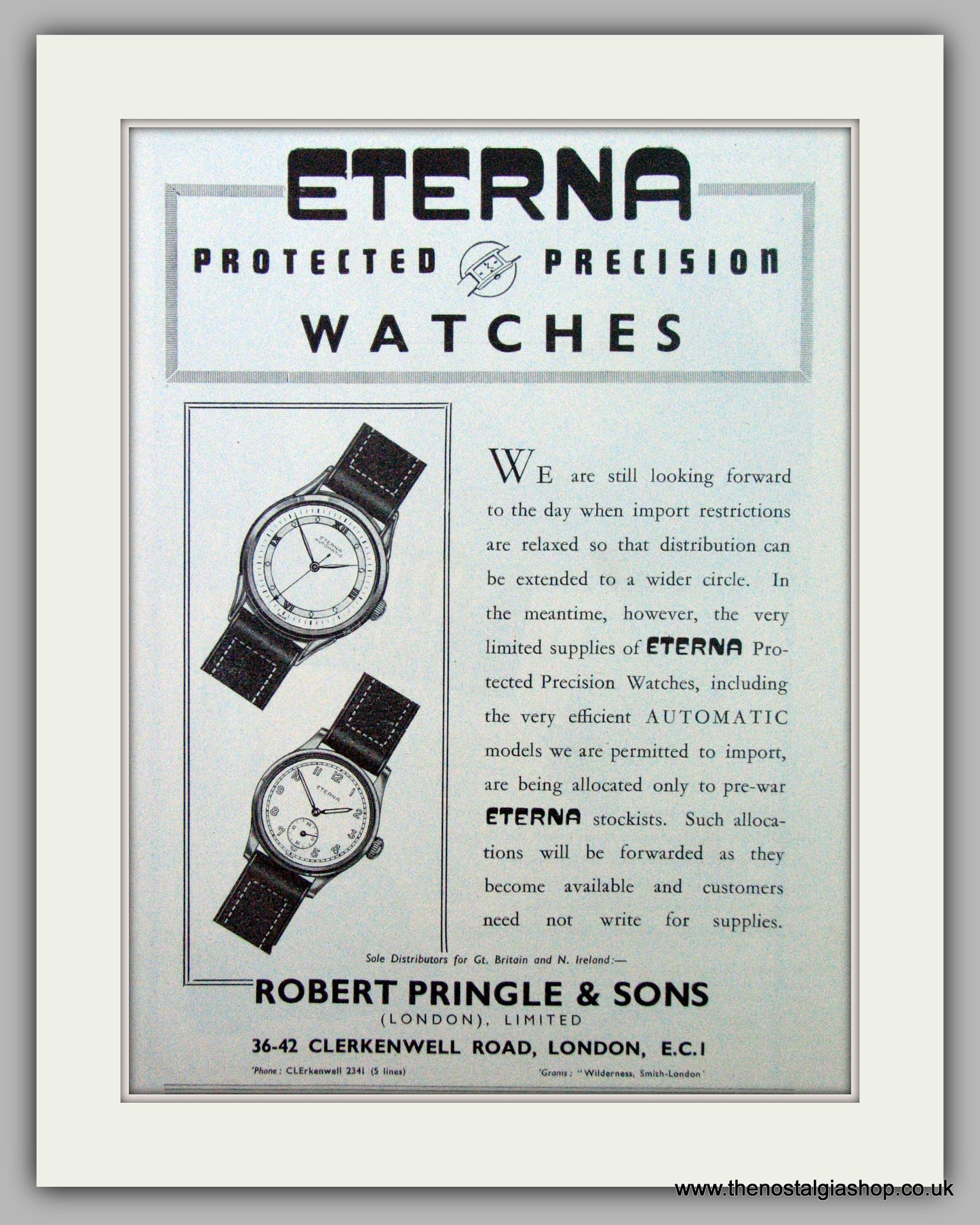 Eterna Watches. Original Advert 1949.  (ref AD7433)