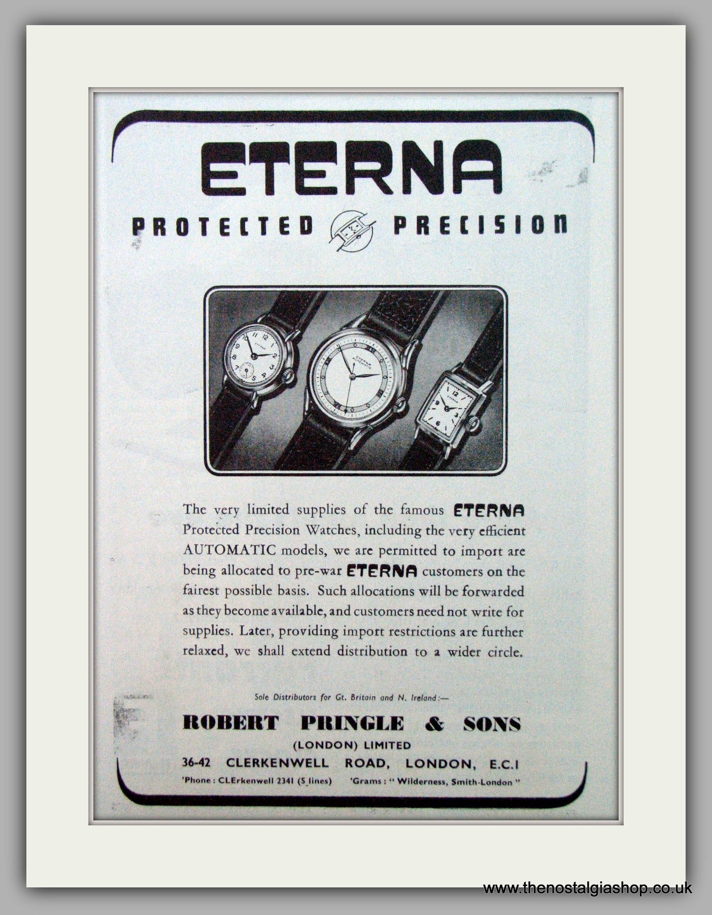 Eterna Watches. Original Advert 1948.  (ref AD7439)