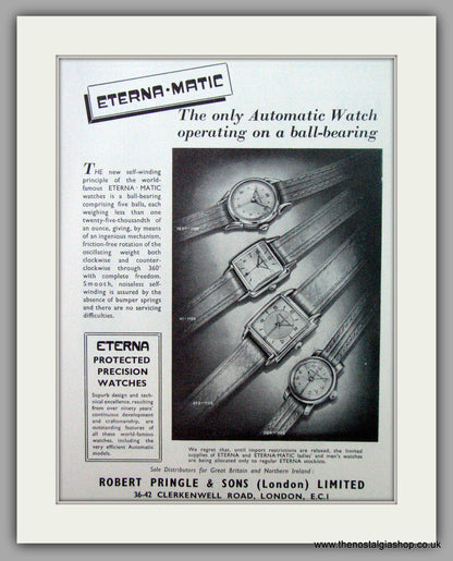 Eterna-Matic Watches. Set Of 2 Original Adverts 1950/51.  (ref AD7440)