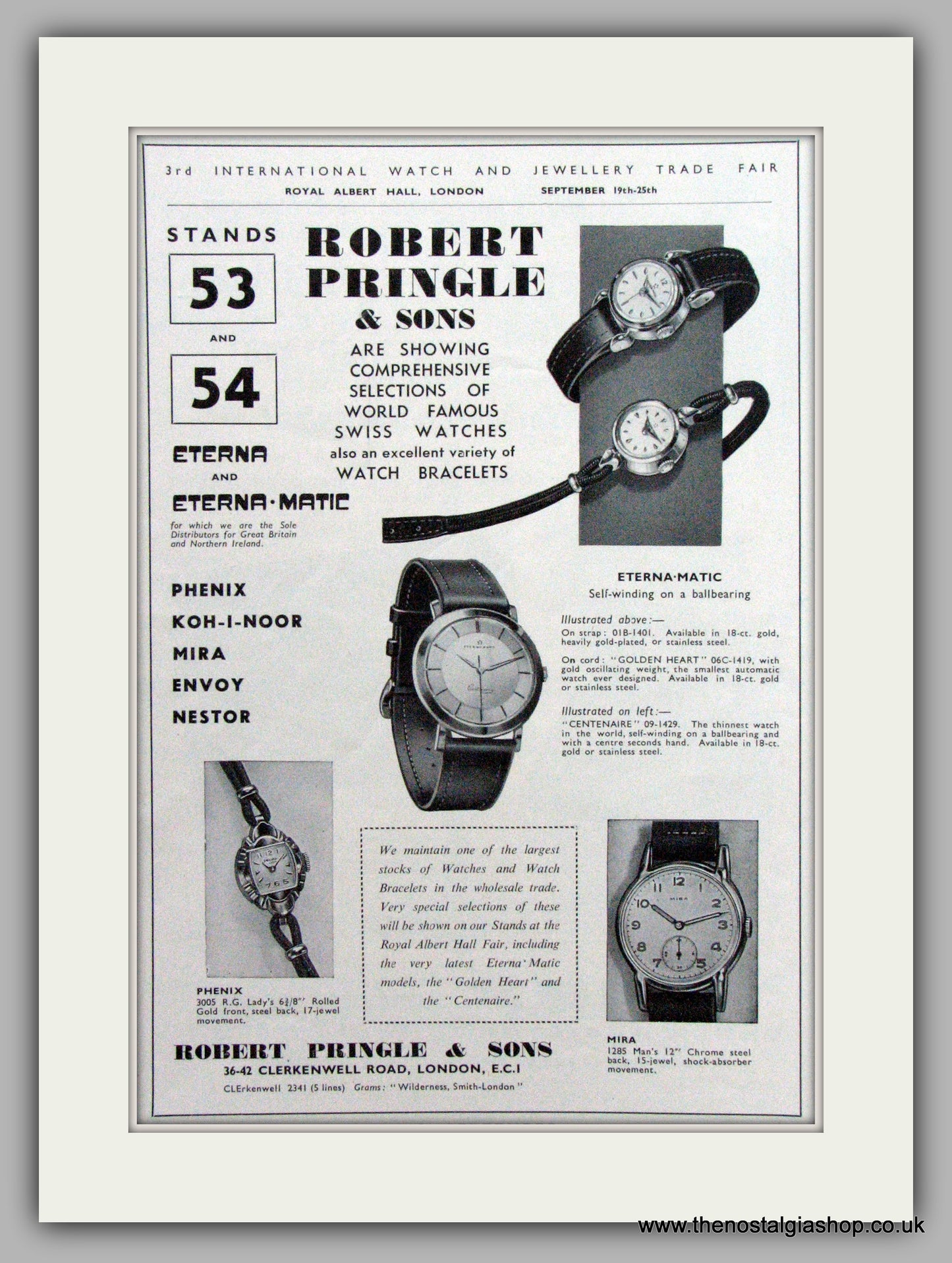 Eterna-Matic, Phenix & Mira Watches. Original Advert 1957.  (ref AD7528)