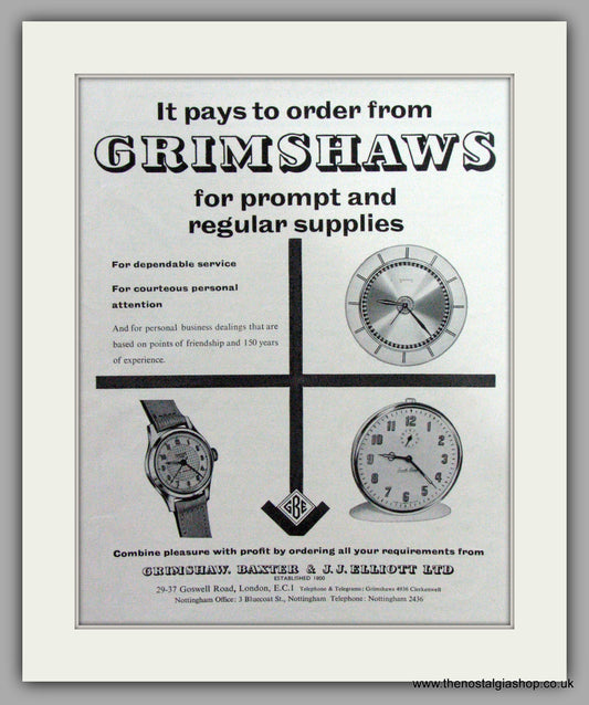 Grimshaws Watch Dealers. Original Advert 1958.  (ref AD7529)