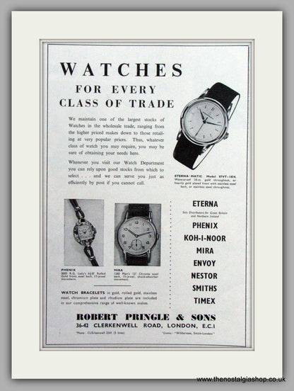 Robert Pringle & Sons Trade Watches. Set Of 3 Original Adverts 1956/57.  (ref AD7530)