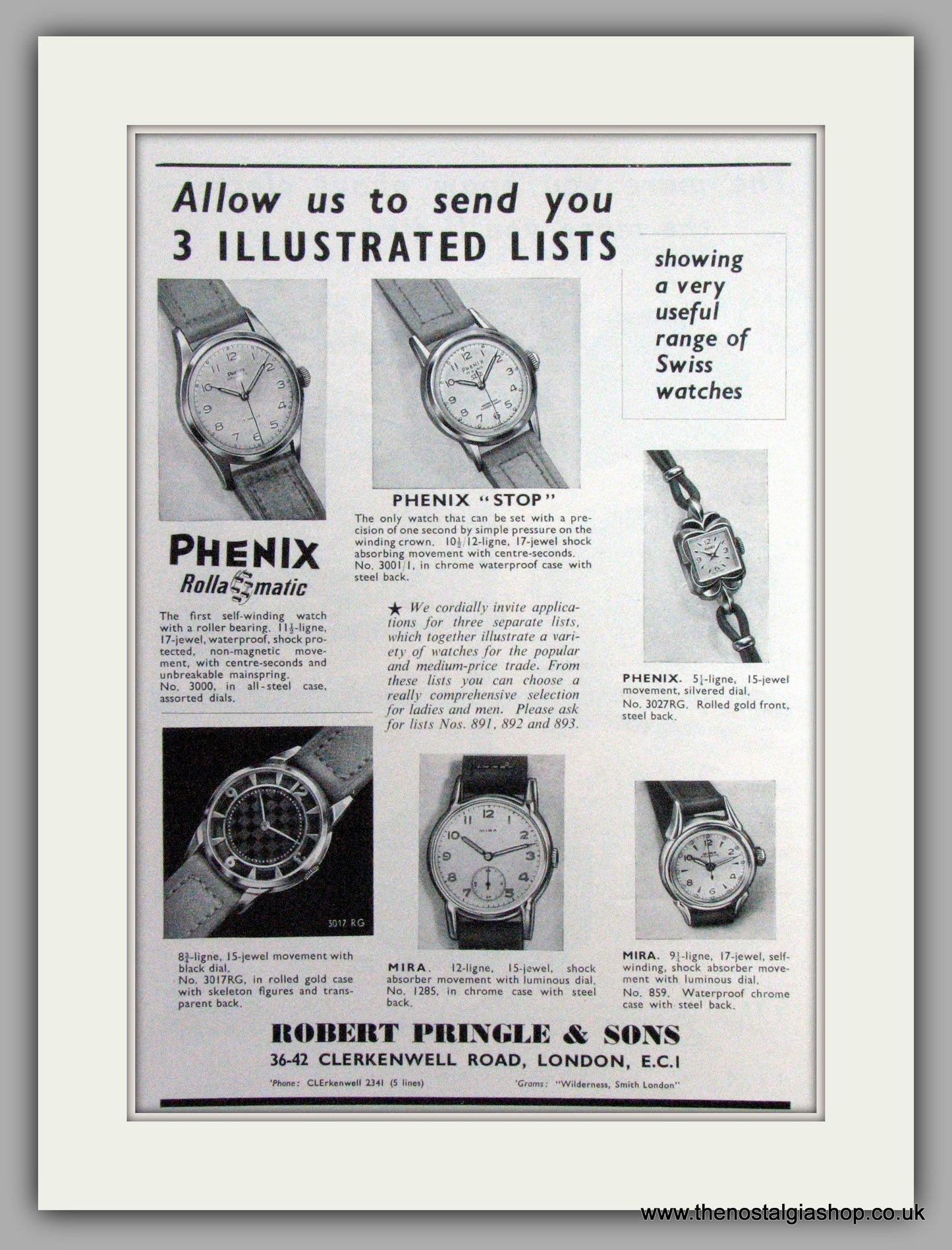 Robert Pringle & Sons Trade Watches. Set Of 3 Original Adverts 1956/57.  (ref AD7530)