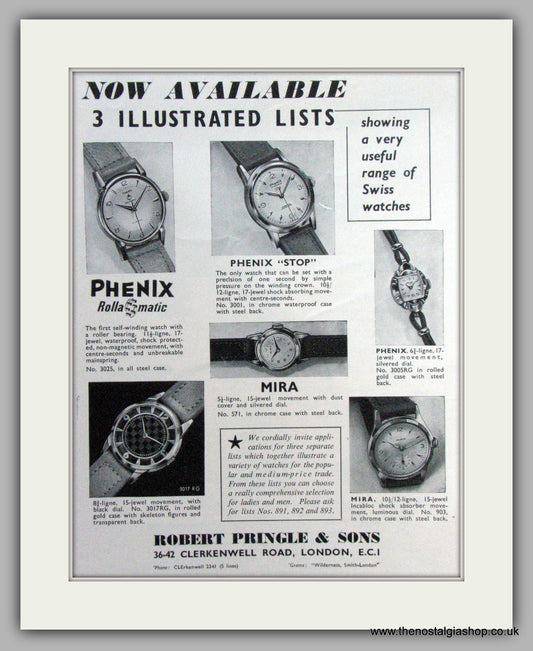 Robert Pringle & Sons Watches.  Original Advert 1956  (ref AD7531)