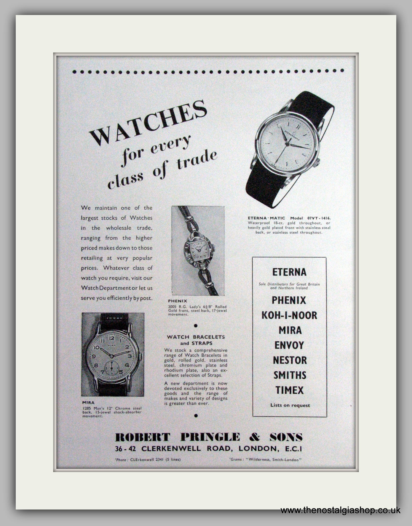 Robert Pringle & Sons Watches. Set Of 2 Original Adverts 1959  (ref AD7532)