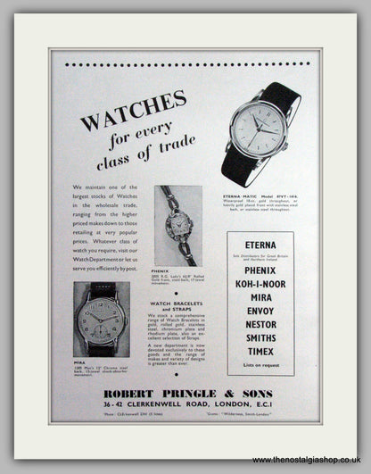 Robert Pringle & Sons Watches. Set Of 2 Original Adverts 1959  (ref AD7532)