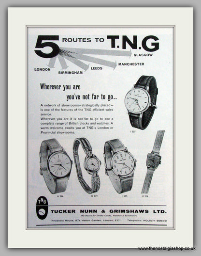 T.N.G Watches Showroom. Set Of 2 Original Adverts 1962  (ref AD7534)