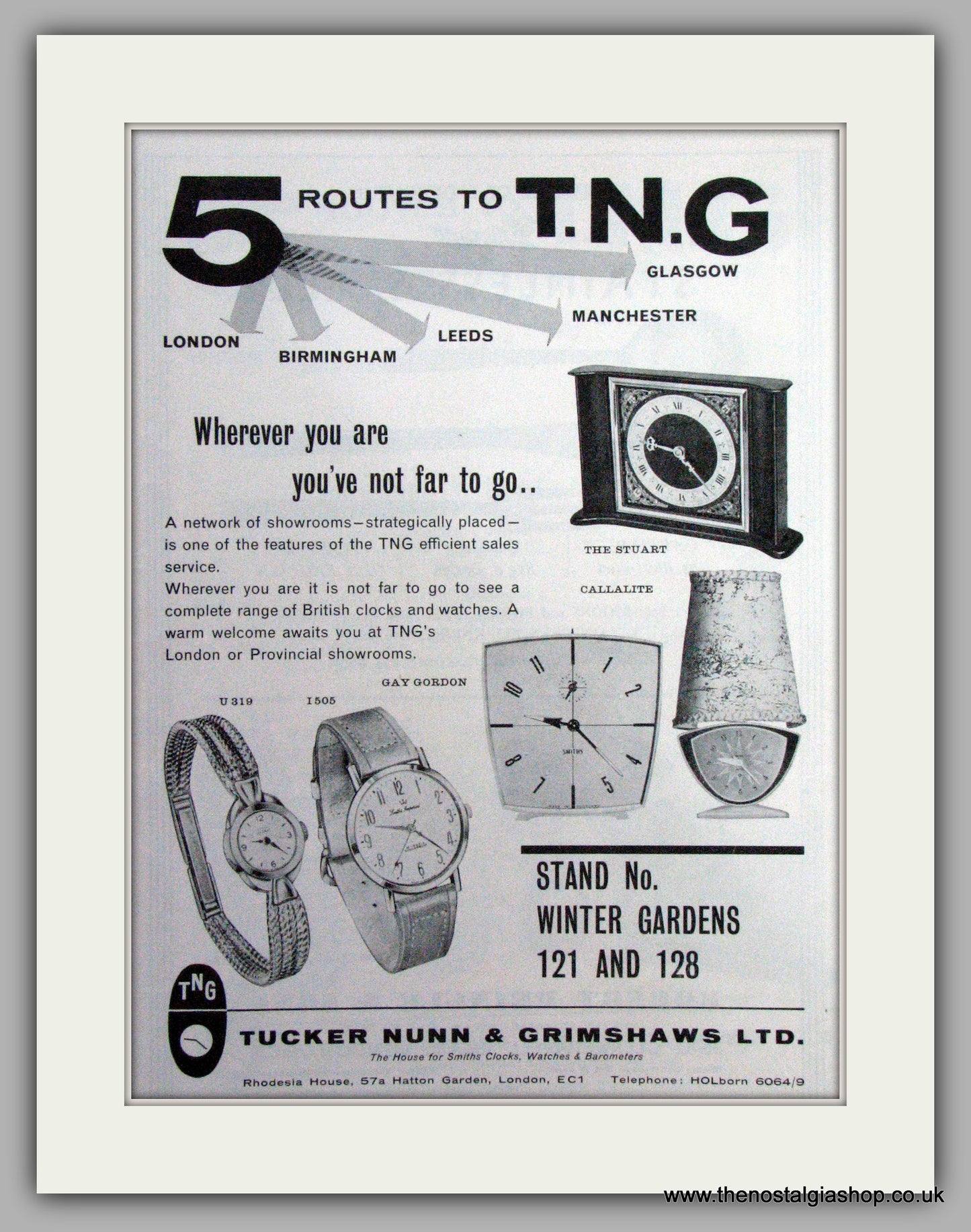 T.N.G Watches Showroom.  Original Advert 1962  (ref AD7533)