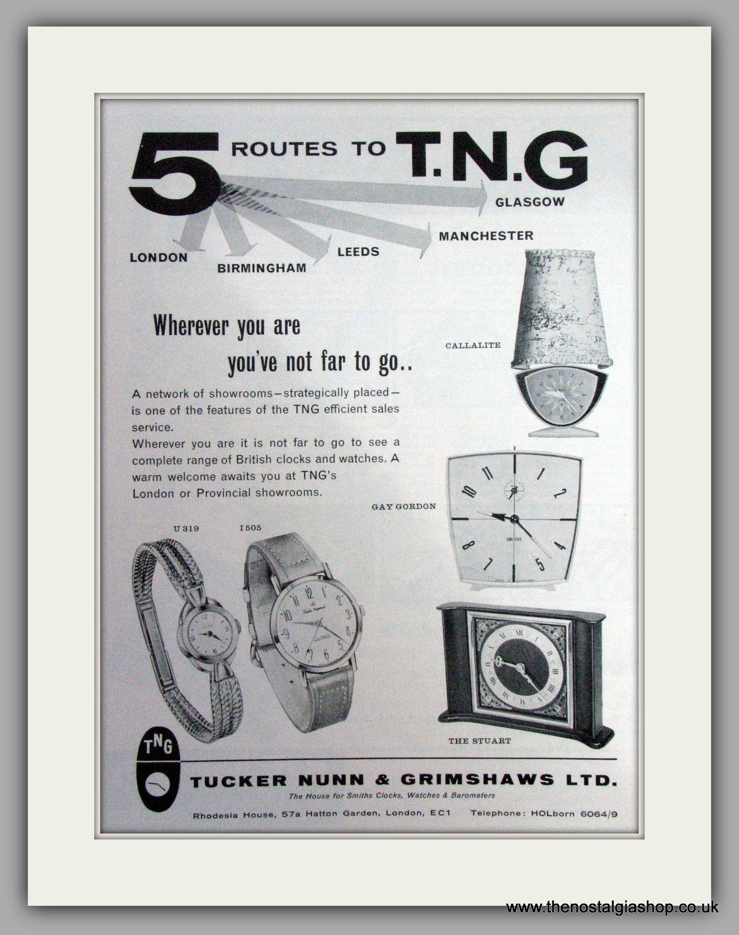 T.N.G Watches Showroom. Set Of 2 Original Adverts 1962  (ref AD7534)