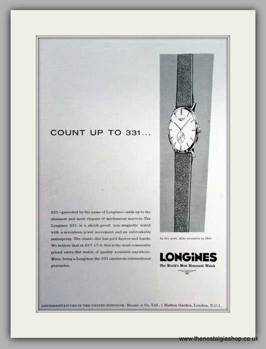 Longines 331 Watches.  Original Advert 1958.  (ref AD7538)