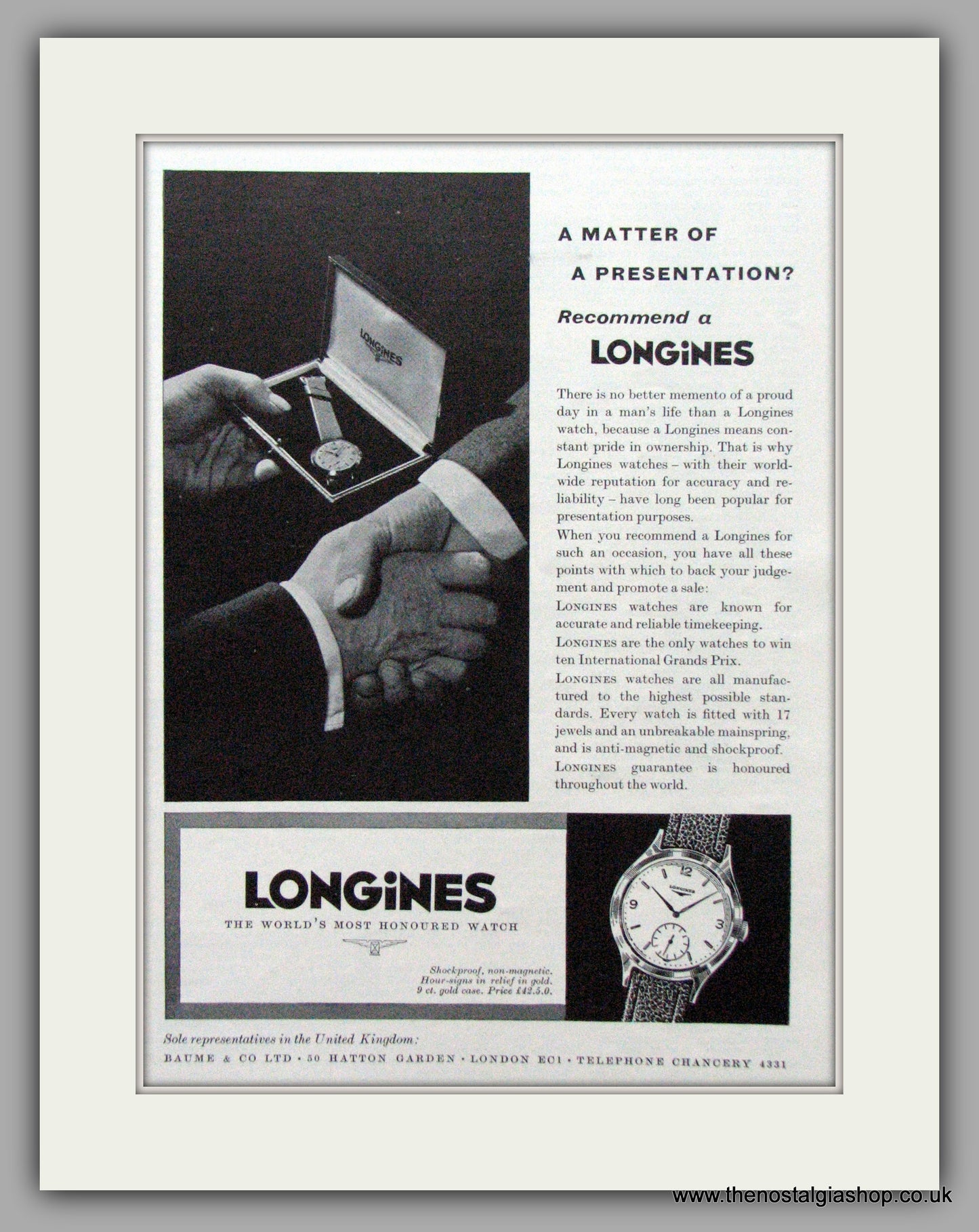 Longines Watches.  Original Advert 1959.  (ref AD7539)