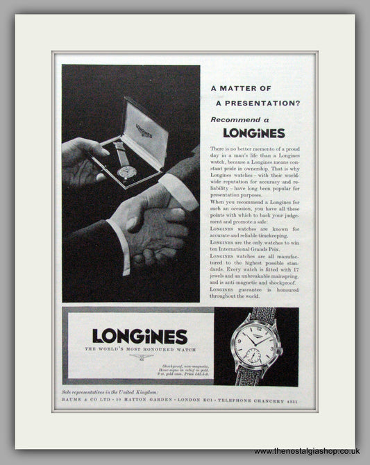 Longines Watches.  Original Advert 1959.  (ref AD7539)
