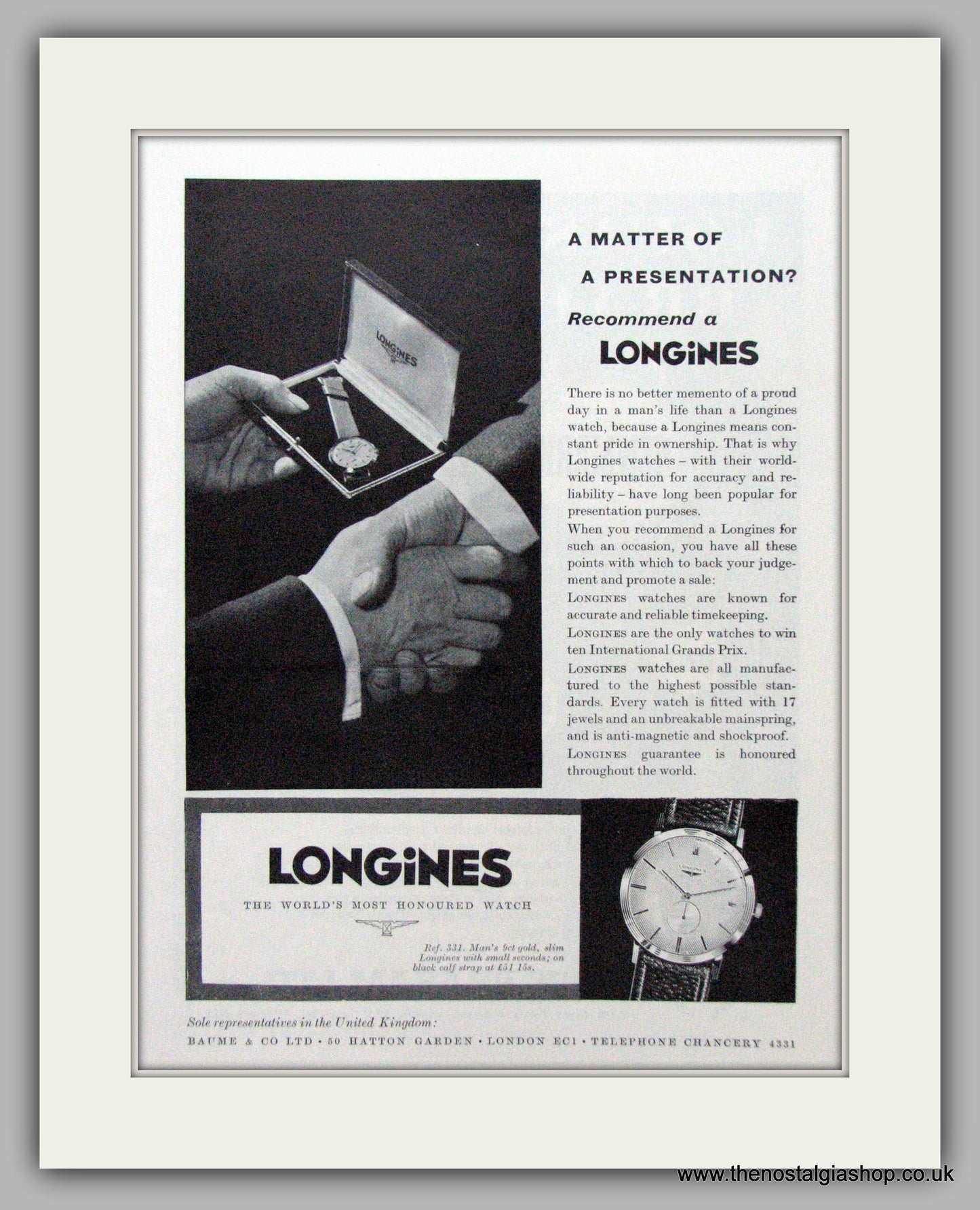 Longines Watches.  Original Advert 1961.  (ref AD7541)