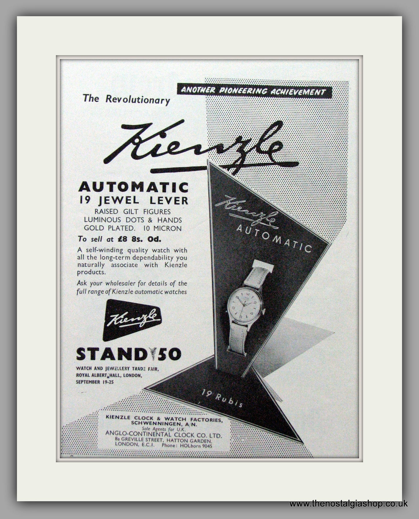 Kienzle Watches. Original Advert 1957.  (ref AD7573)