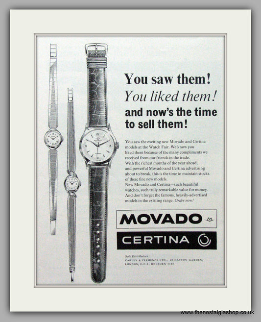 Certina Movado Watches. Original Advert 1961.  (ref AD7580)