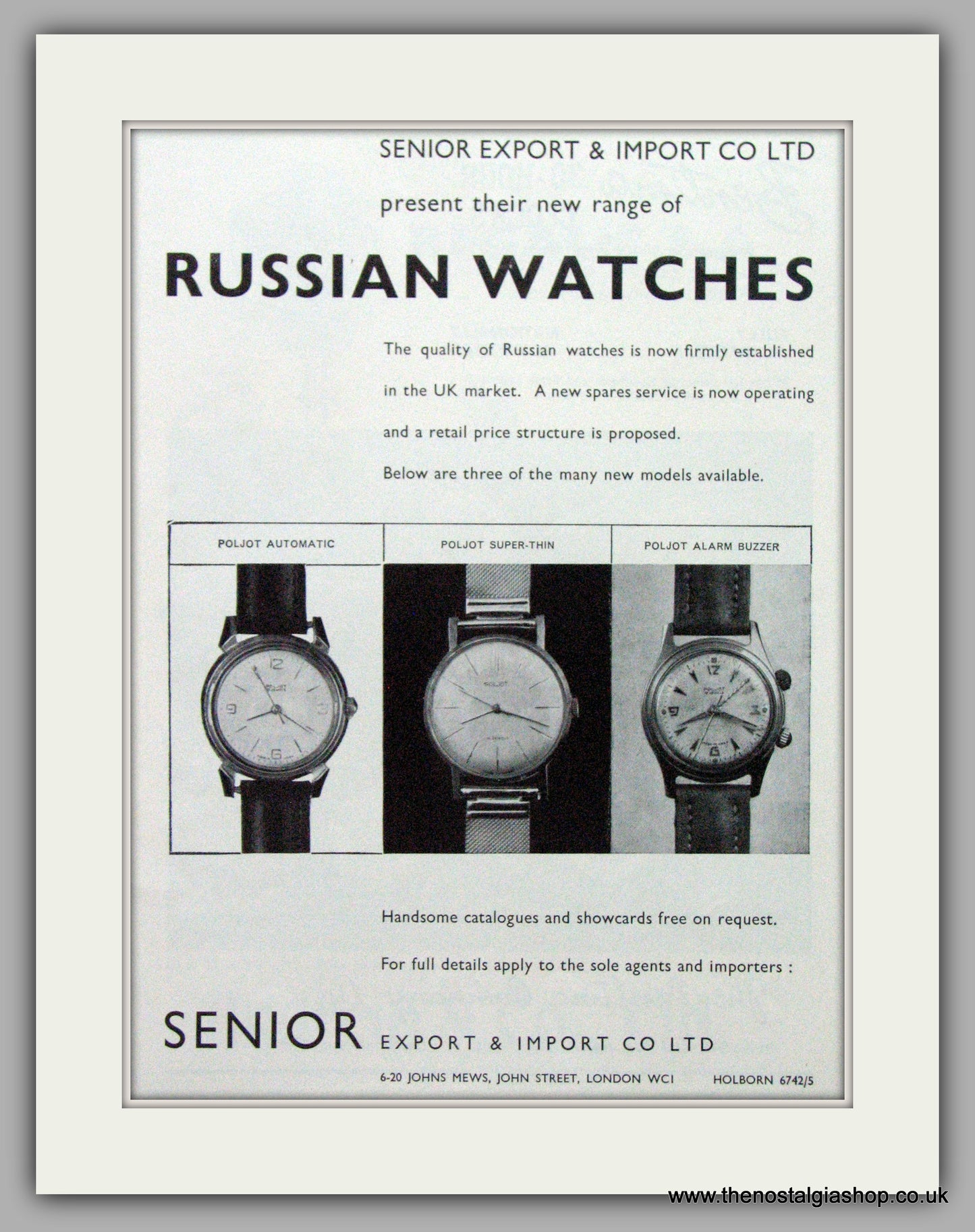 Senior Russian Watches. Original Advert 1962.  (ref AD7620)