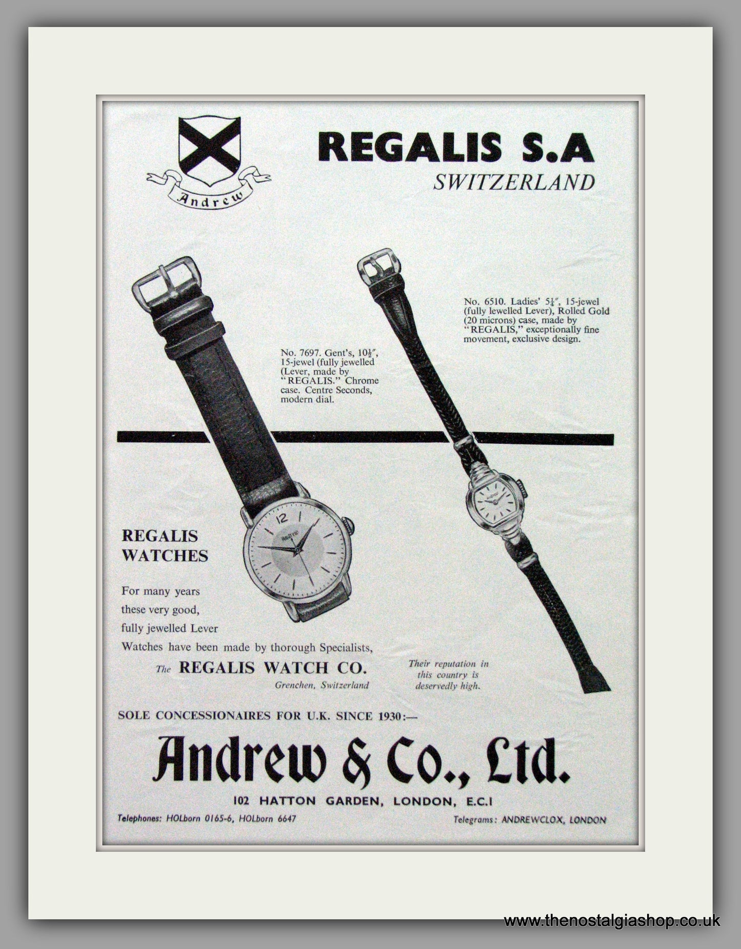 Regalis Watches. Original Advert 1956.  (ref AD7621)
