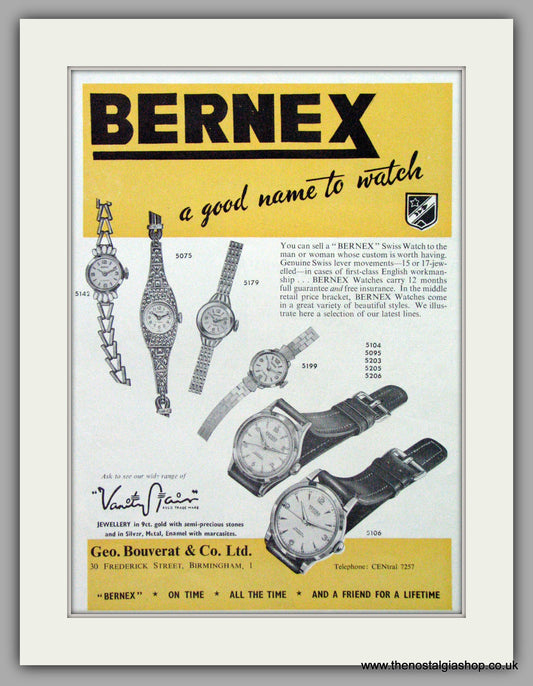 Bernex Watches. Original Advert 1958.  (ref AD7625)