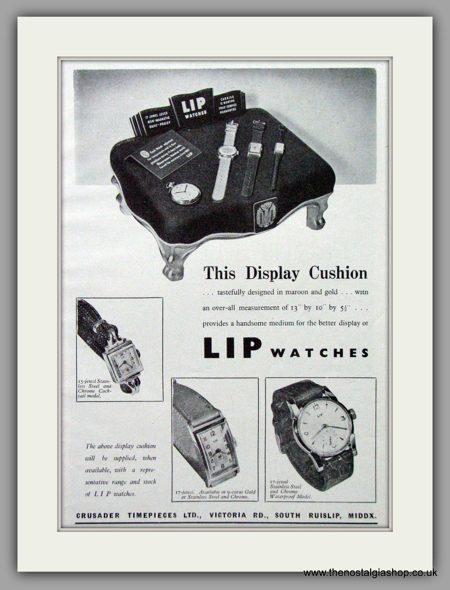 LIP Watches & Display Cushion. Original Advert 1950.  (ref AD7628)