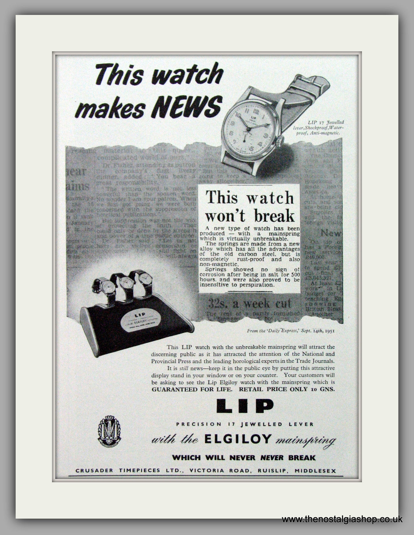 LIP Watches. Original Advert 1951.  (ref AD7629)