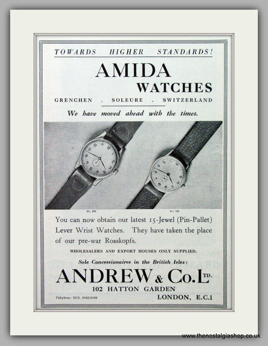 Amida Watches. Original Advert 1946.  (ref AD7631)