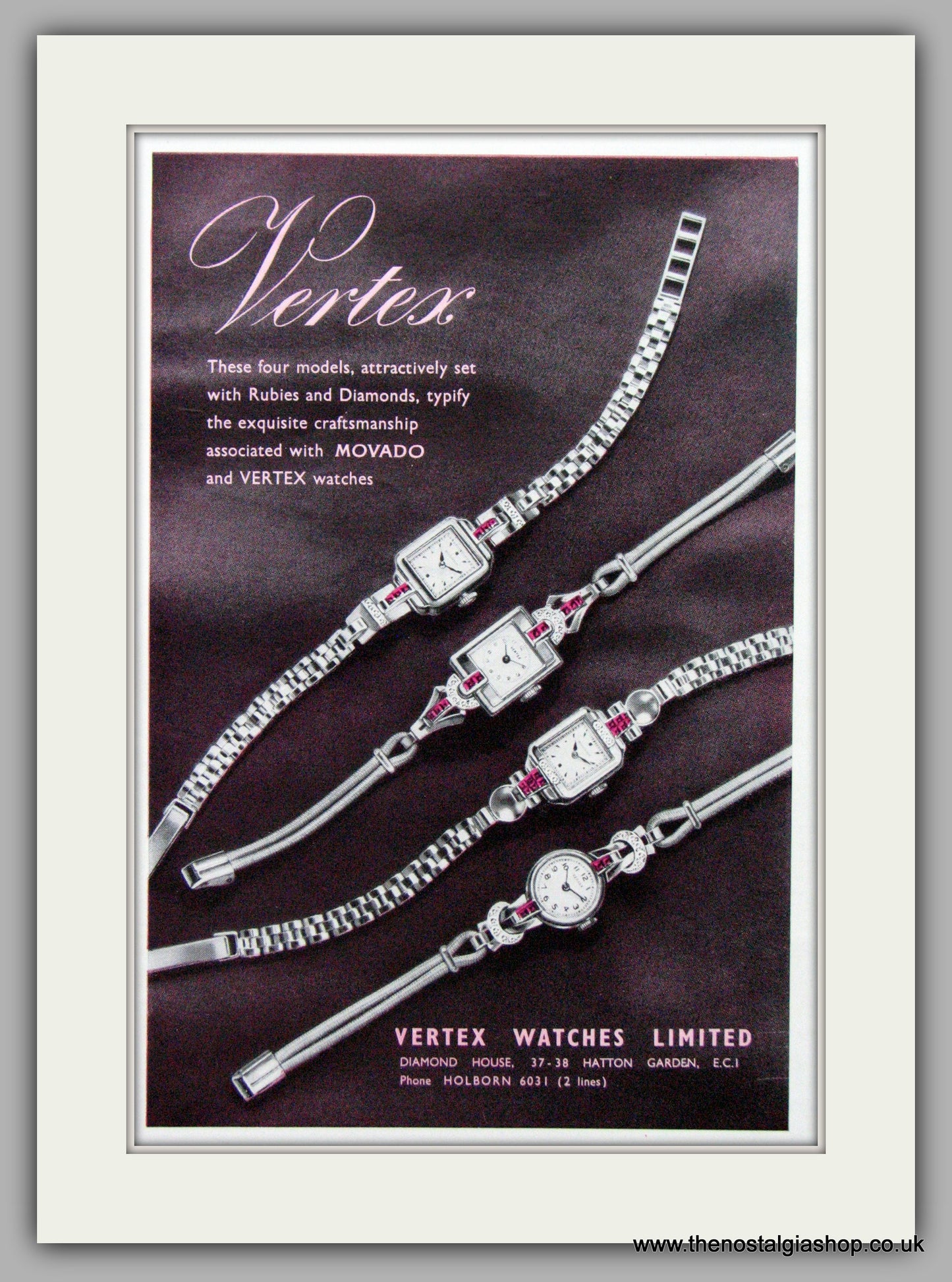 Vertex Watches. Original Advert 1950.  (ref AD7640)