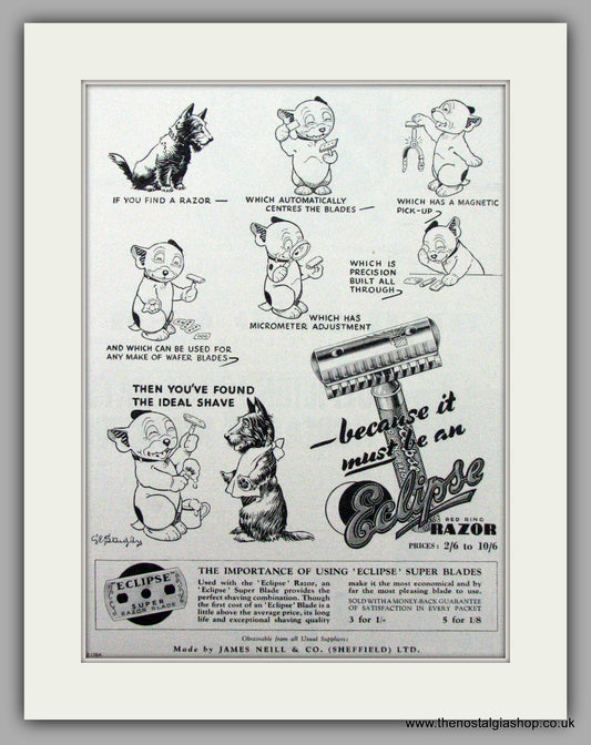Eclipse Razor Blades. Dogs. Original Advert 1939 (ref AD7452)
